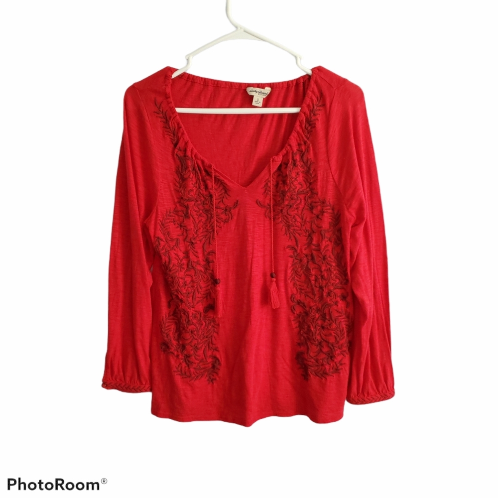 Lucky Brand Red Embroidered Boho Tassel Detail Blouse Size Small